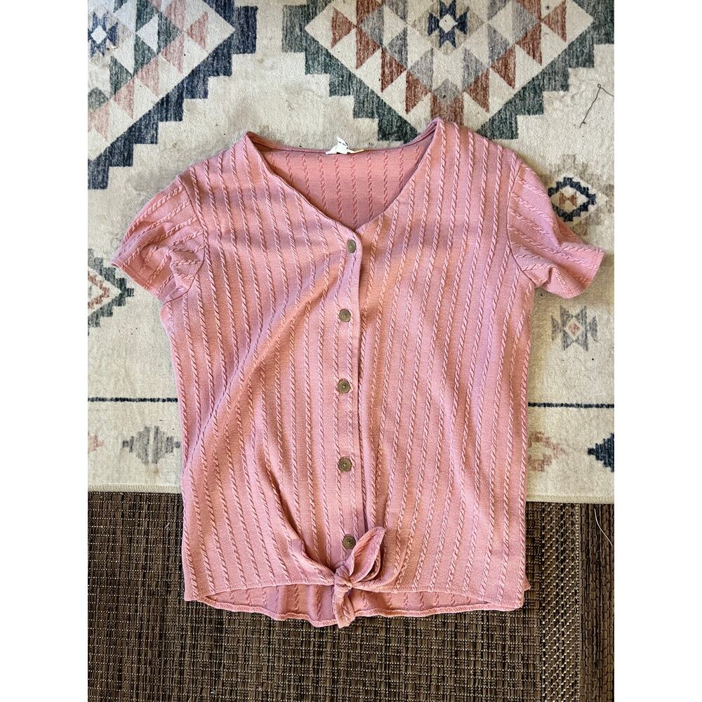 Weatherproof Vintage Pink Tie Front Knit Top Size L Braided Texture EUC